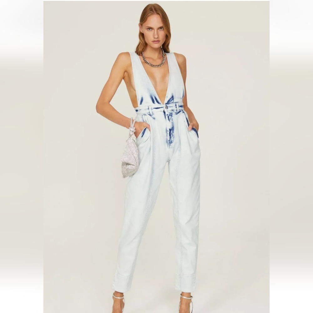 RETROFETE Denim Monet Jumpsuit Overalls SMALL Acid Wash Dyed V-Neck in Blue